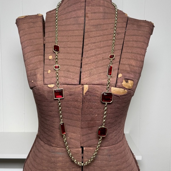 Chico's Goldtone & Faux Ruby Red Lariat Length Rolo Chain Necklace - Picture 1 of 12